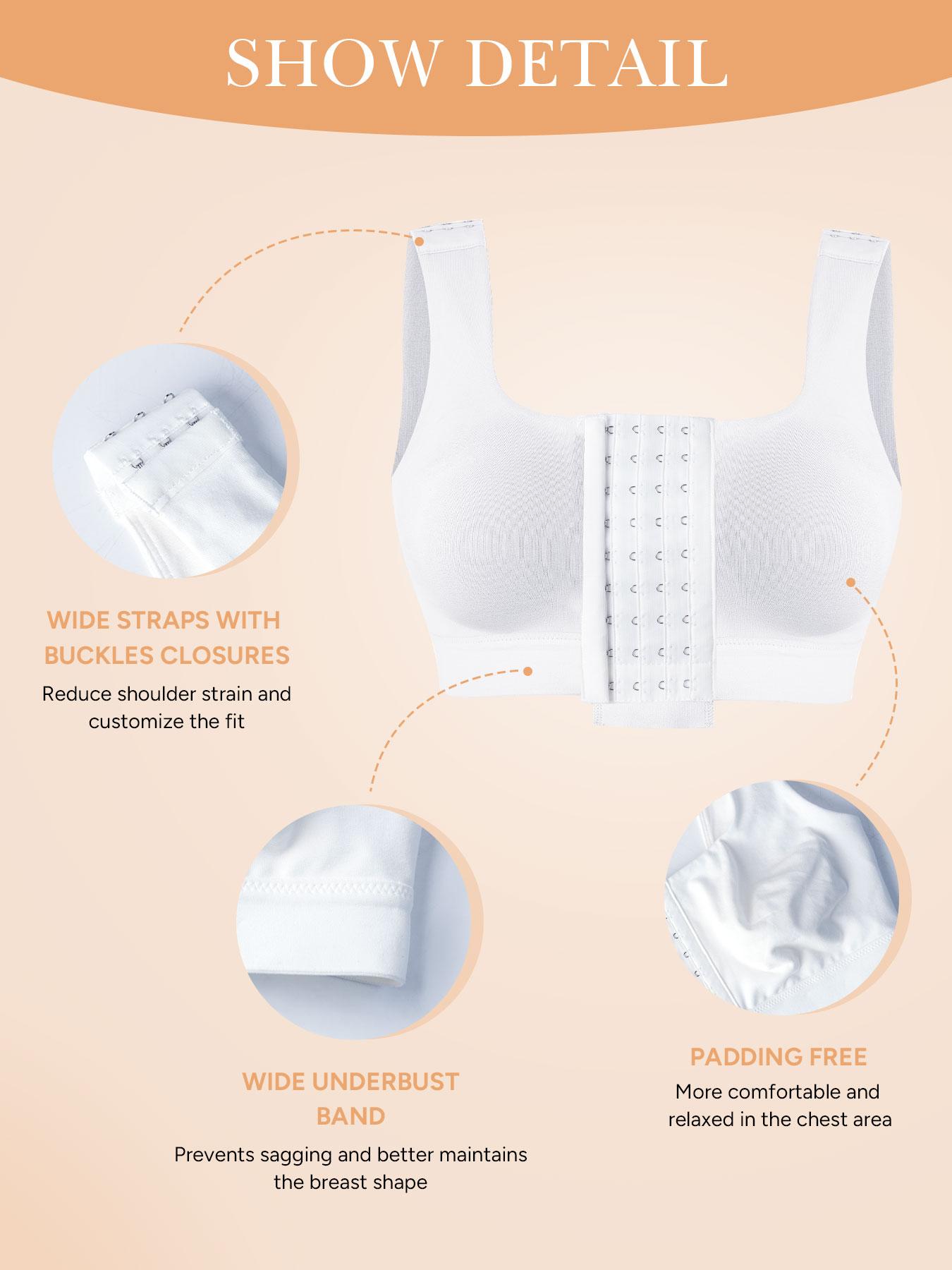 Post-Surgery Bra with Front Closure, Adjustable Straps, Seamless Cup, Soft Bottom Edge, Easy Wear and Remove, Square Neck Design, Medium