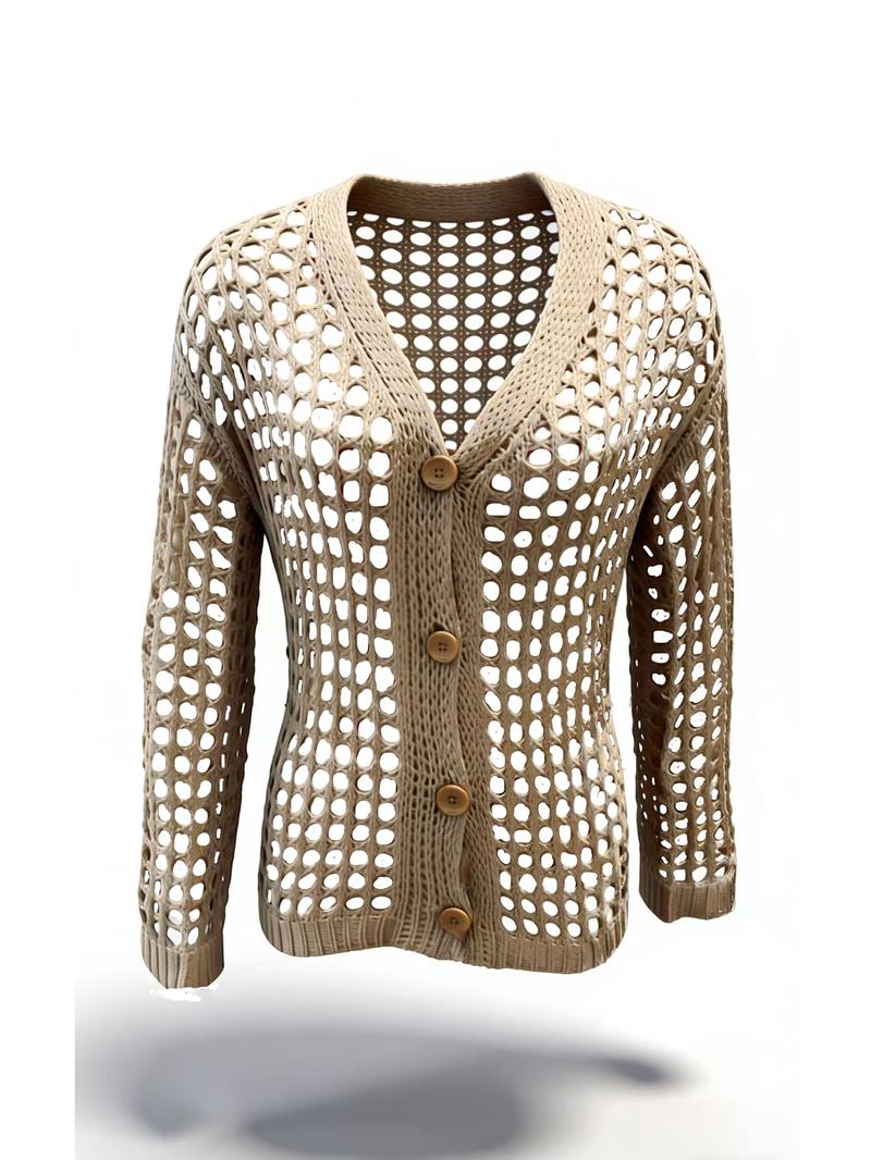 Women's Solid Color Button V-Neck Knit Cardigan Long Sleeve Hollow Out Sweater, Casual Fashion Pullover for Fall & Winter