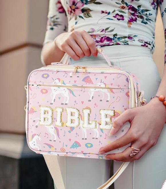 Bible Bag for Women, Floral Bible Bag 12x9x2.5in Large Chenille Letter Bible Cover PU Leather Bible Case with Tabs Colored Pen Highlighters Tote Bag with Shoulder Strap, Bible Journaling Kit Easter Gift for Church Women Girls,Sunday Prayer Supplies
