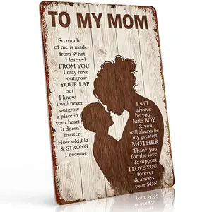 8x12 Inch Wood Grain To My Mom From Son Silhouette Aluminum Metal Sign, Heartfelt Mother Love Quote Wall Plaque. Rustic warm decor for living room, entryway & family room, perfect sentimental gift for Mother’s Day, birthday indoor family wall decor.
