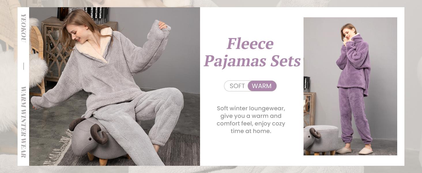 Yeokou Women's Fluzzy Sherpa Fleece Pajamas Warm Pullover Lapel Sleepwear Sets
