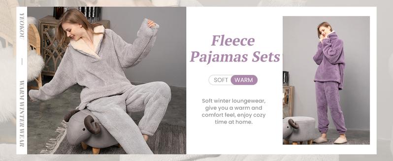 Yeokou Women's Fluzzy Sherpa Fleece Pajamas Warm Pullover Lapel Sleepwear Sets