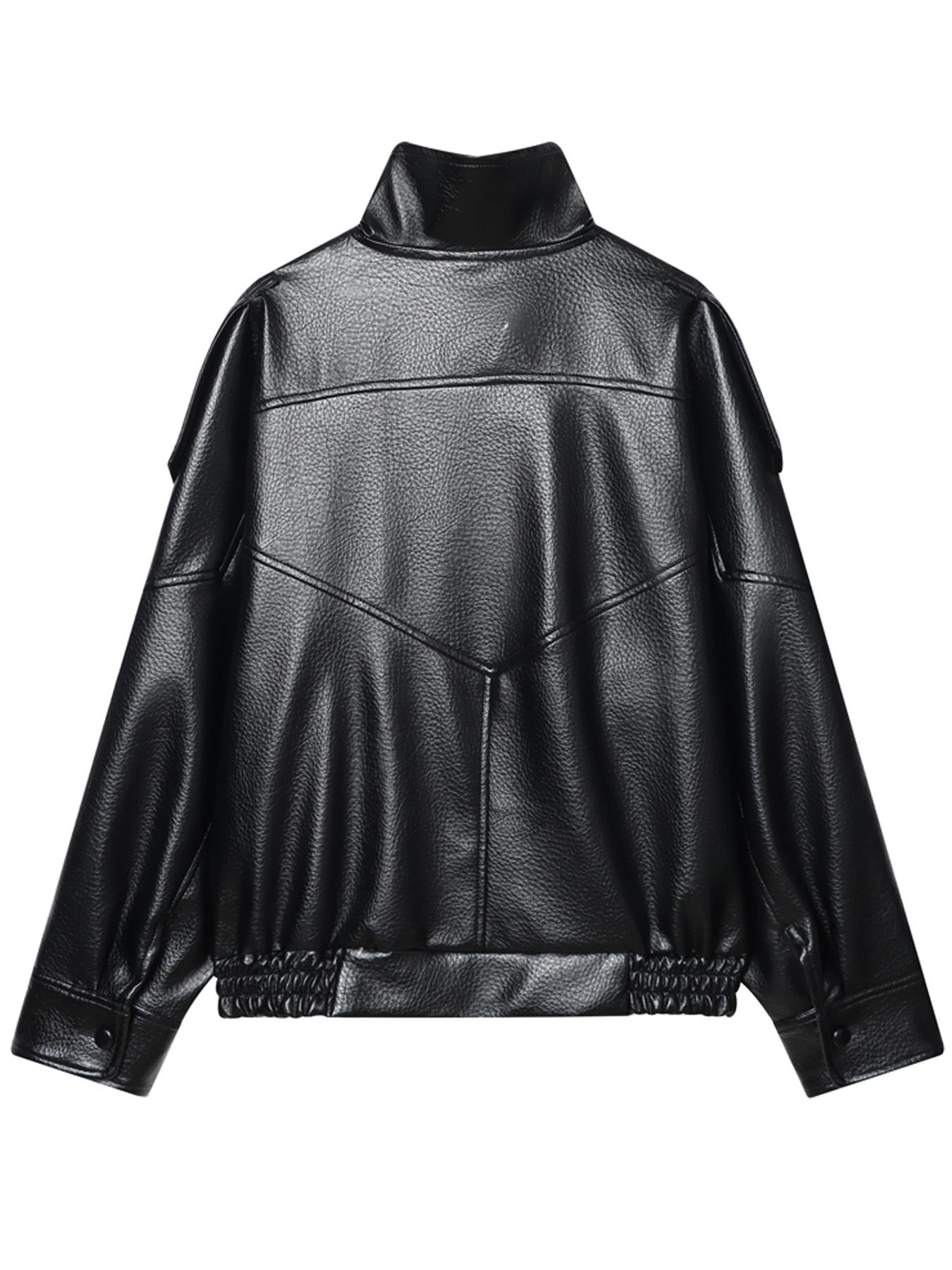Women's Street Style Faux Leather Jackets, Coats, Casual Loose Fitting Jacket High Neck Long Sleeve Zipper Jackets for Women, Asymmetric Button & Pocket Design, 2026 Spring New Jackets, Moto-Inspired Jacket, Womenswear, Ladies Black Outerwear