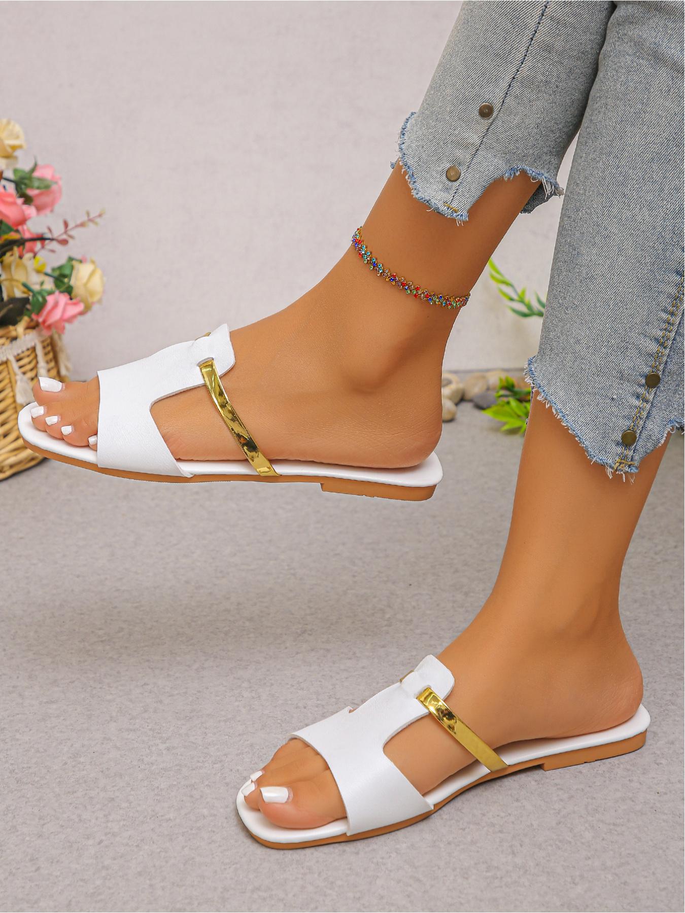 2026 Summer New Retro Metal Buckle Strap Flat Sandals, Multi - color Splicing Square - toe Open - toe Women's Slides, Versatile for Daily Commute/Shopping/Vacation & Leg - lengthening