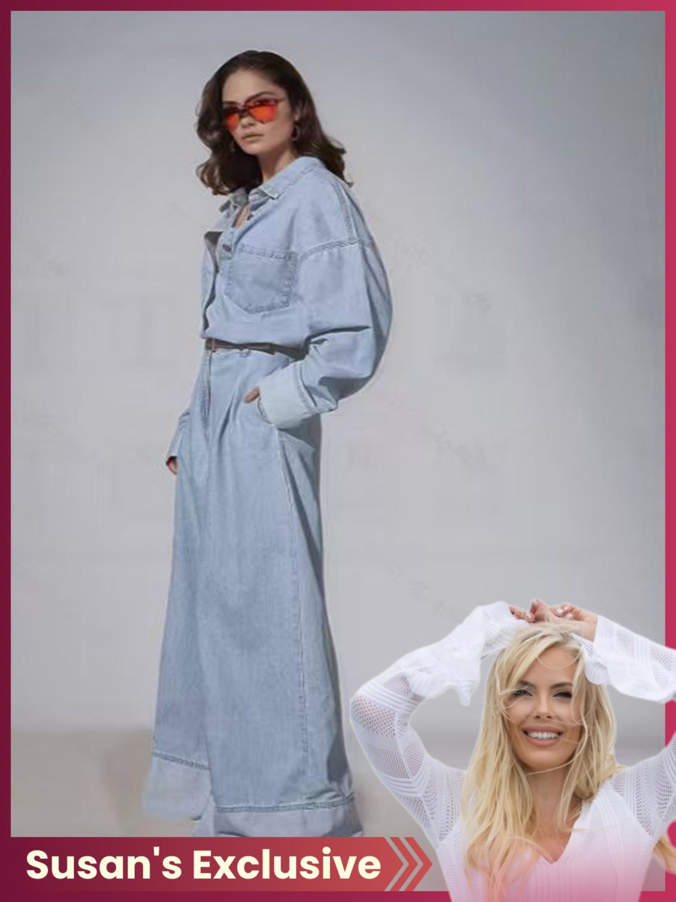 Women's Casual Long Sleeve Washed Denim Jumpsuit Overalls, Wide Leg Long Pants (no Belt Included), Susan's Exclusive Style, Comfortable and Stylish