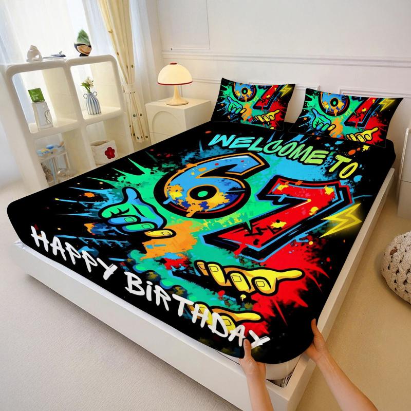 67 "six sev" printed pattern bed sheet set of 3 pieces, including 1 bed cover and 2 pillowcases, all season mattress protection cover, bed sheet, soft and comfortable deep mouth design, breathable bedding, bedroom and guest room decoration, detachable