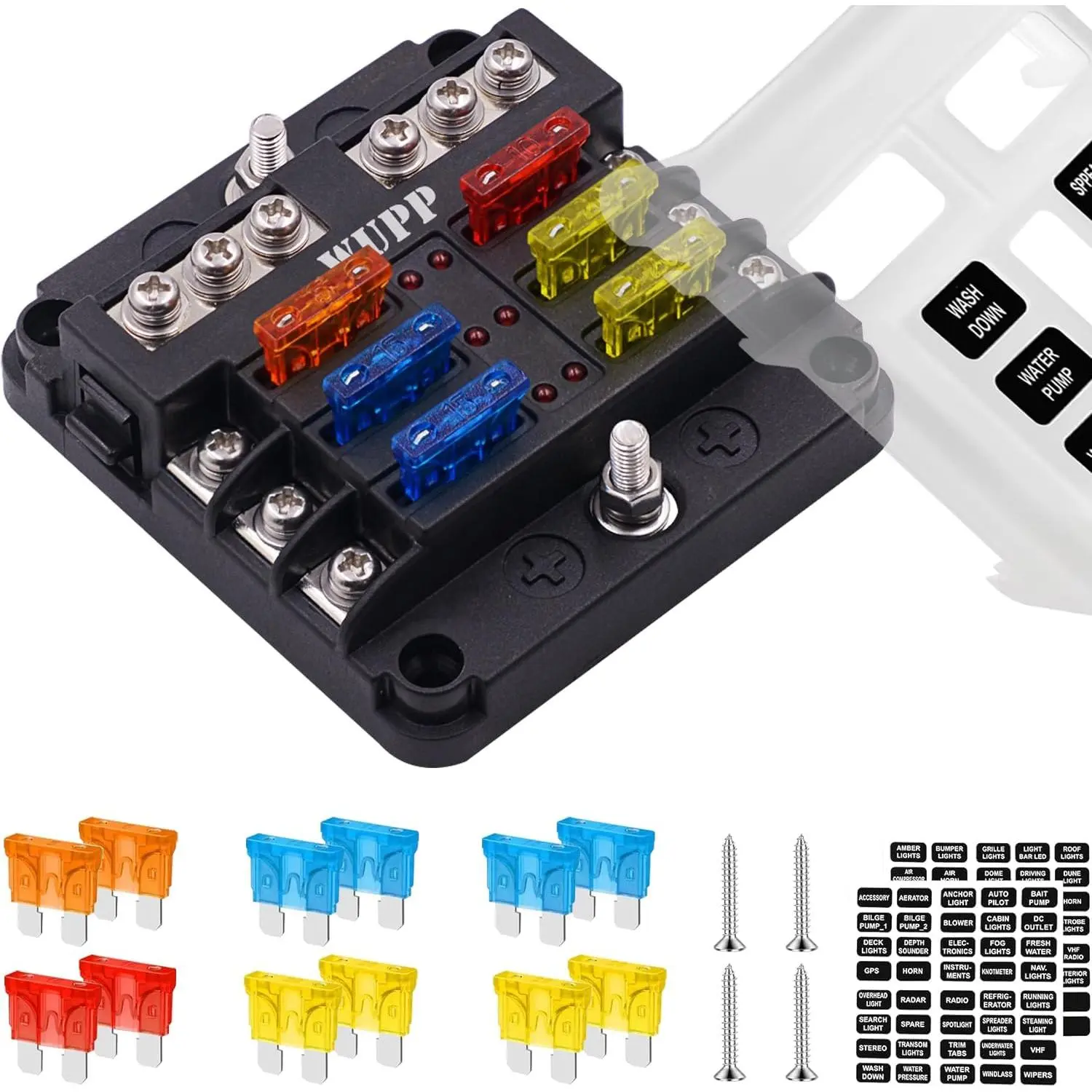 12 Volt Fuse Block, Waterproof Boat Fuse Panel with LED Warning Indicator Damp-Proof Cover, 6 Circuits with Negative Bus Fuse Box for Car Marine RV Truck DC 12-24V