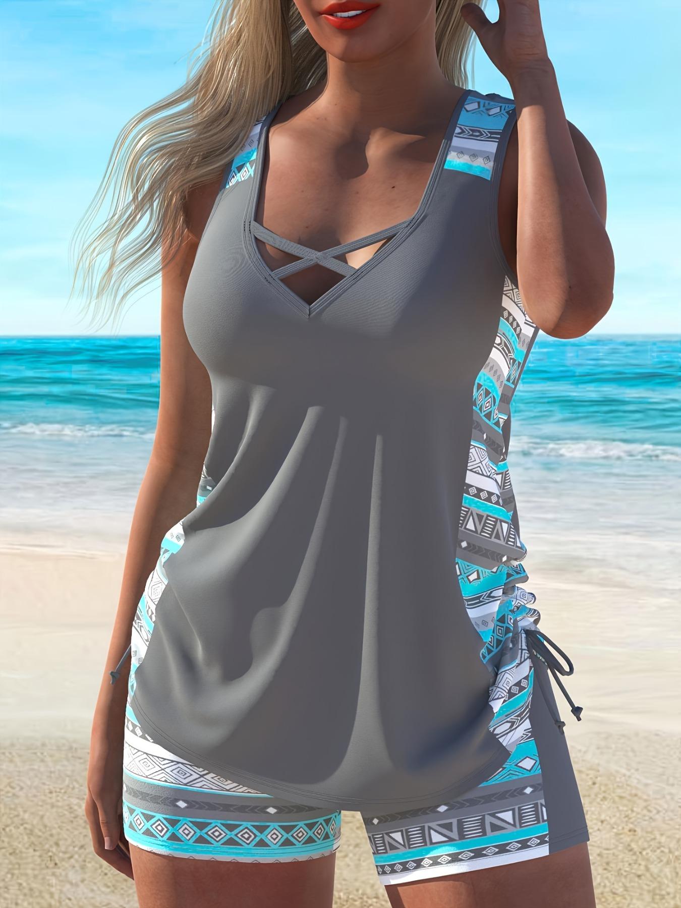 Women's Fashion Two-Piece Tankini Swimsuit, Tankini Swimwear Set Ethnic Geometric Floral Print Bohemian Crossed Straps Drawstring Beach Vacation Tankini Bathing Suits Women's Fashion Two-Piece Tankini Swimsuit, Tankini Swimwear Set Ethnic Geometric Floral Print Bohemian Crossed Straps Drawstring Beach Vacation Tankini Bathing Suits