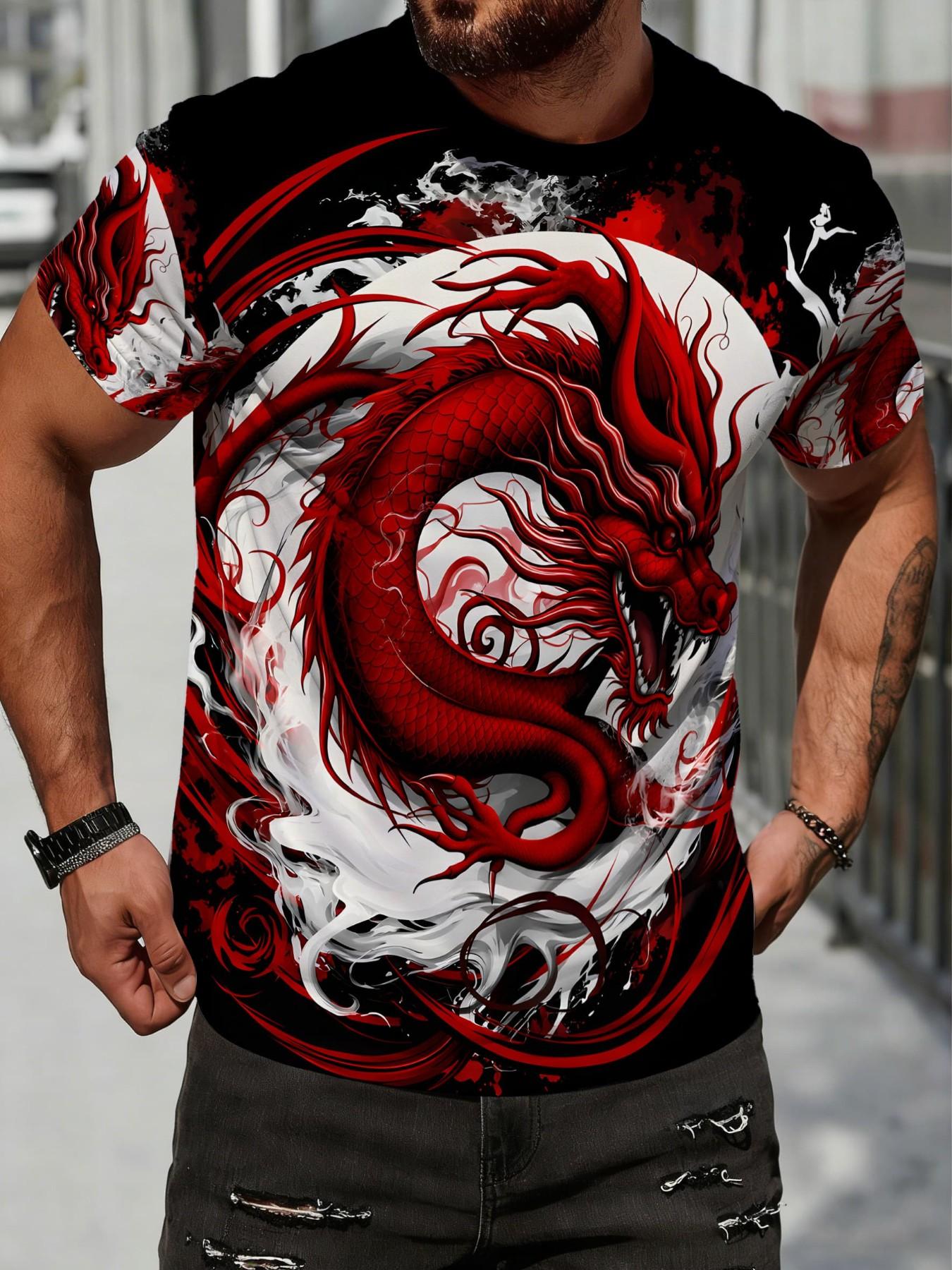 Limited Edition Luxury Men's Ice Silk Short Sleeve T-Shirt, Summer New Business Casual Round Neck Top, Dragon Pattern, Breathable, Loose Fit