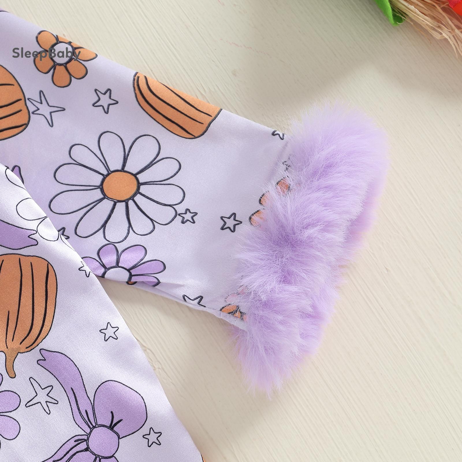 Halloween Cute Cartoon Ghost Pumpkin Print Kids Halloween Satin Pjs 2 Colors Pink Purple Fluffy Fur Cuff Lapel Long Sleeve Two Piece Toddler Girls Daily Holiday Matching Sleep Set
