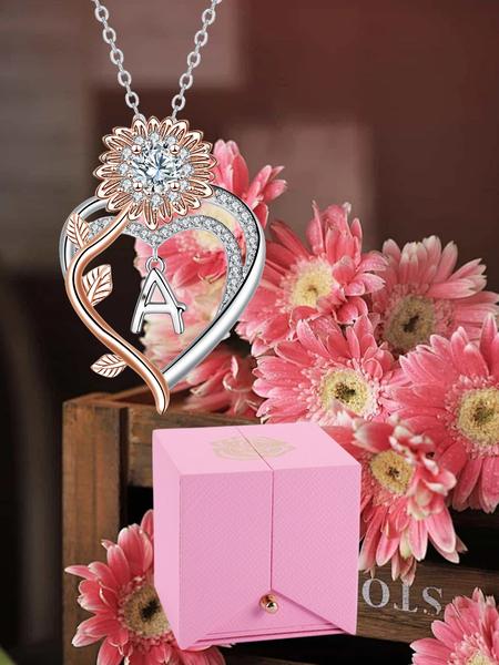 Sunflower Initial Heart Necklace with Rose Jewelry Box, Letter Pendant for Women, Mother's Day Birthday Christmas Gift, Exquisite Jewelry Gift