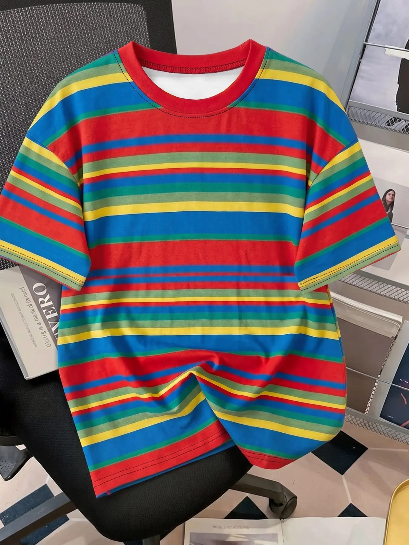 Men's Rainbow Multicolor Striped Short Sleeve T-Shirt, Blue Horizontal Stripes, Loose-Fit Casual Streetwear Top