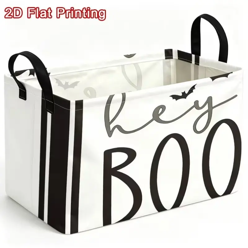 1pc, Contemporary Bat-Themed "Hey Boo" Storage Basket with Black & White Striped Suitable for Bedroom, Living Room, Organizer, Bat Silhouette Decor, Spacious Polyester Basket for, Books, Party Supplies - Open-Top Design, Shelf Baskets