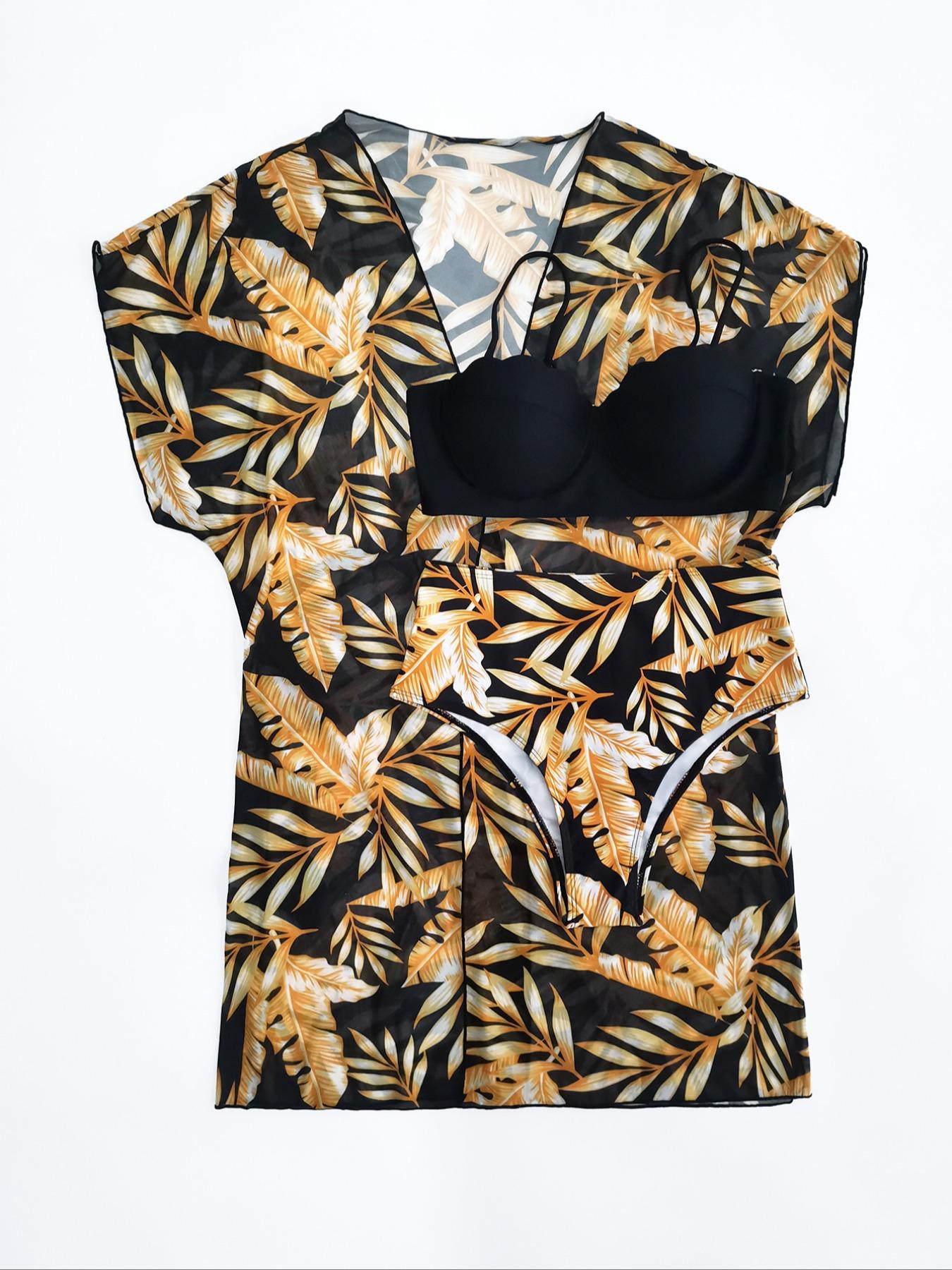 Women's Leaf Print Swimsuit Set, Boho Spaghetti Strap Push Up Swim Bikini Tops & Cover Up & High Waist Panty, Bikini Sets, Boho Style Summer Beach Swimwear Set for Women, Swimsuits Bikinis, High Waisted Bikini Sets, Tropical Print Bikinis