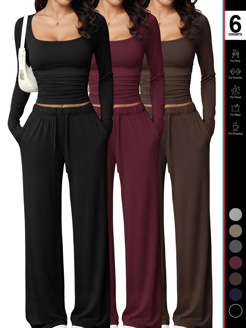 Women's 2 Piece Matching Lounge Set, Square Neck Long Sleeve Crop Top, High Waisted Wide Leg Drawstring Pants, Casual Sweatsuit