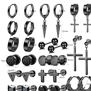 14 Pairs Earrings for Men Black Stud Earrings Stainless Steel Hoop Earrings, Silver Gothic Punk Cross Dangle Earrings Set Jewelry Piercings For Cool Men Women
