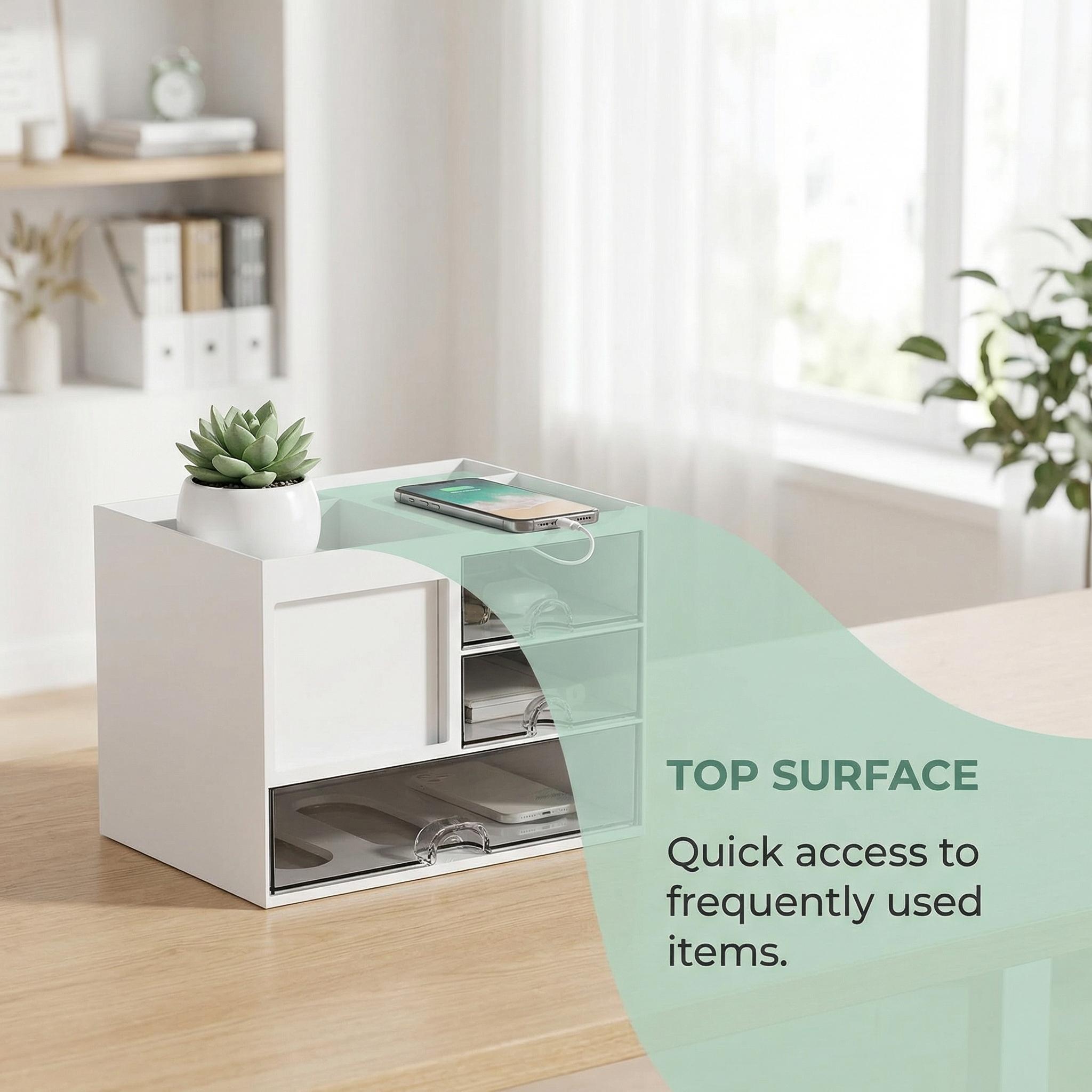 A desktop organizer with three drawers; a multi-functional pencil holder suitable for use in offices or at home; a desktop storage device with 8 compartments; available in white, perfect for storing art supplies in offices or homes.