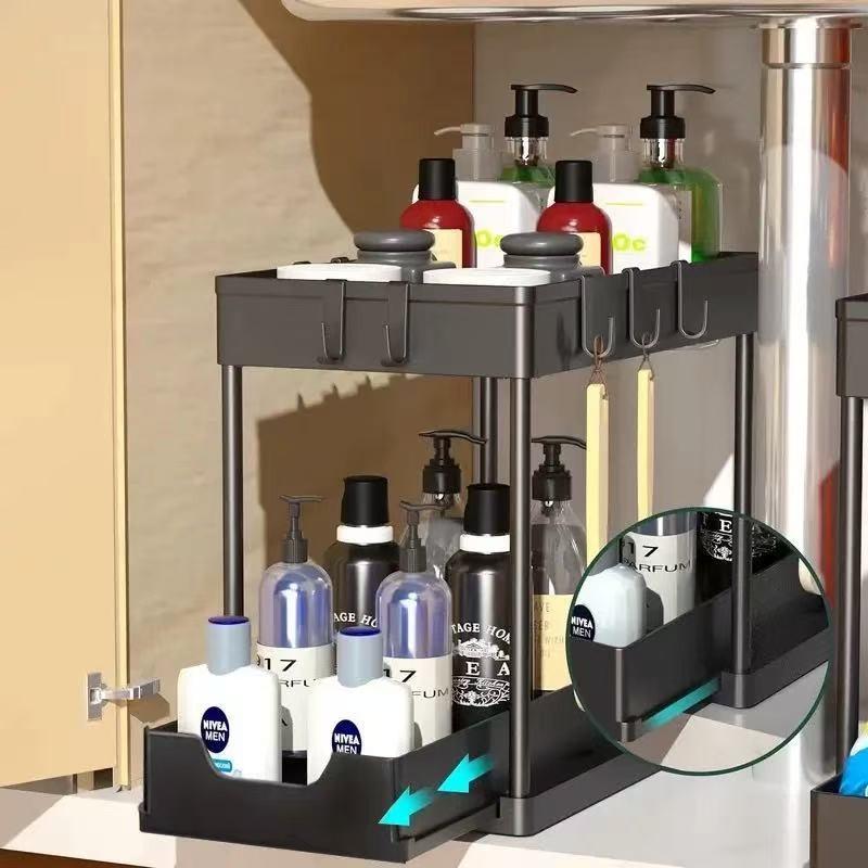 2 Layer Sliding Sink Organizer Box, / Plastic Storage Basket, Kitchen Spice Holder, Bathroom Drawer Rack, Durable & Versatile
