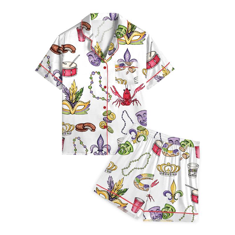Mardi Gras Beads King Cake Crawfish Pajama Set For Women Print Comfy Satin Sleepwear & Loungewear Pjs Short Sleeve Top & Bottoms Shorts Without Pockets - SHESHOW