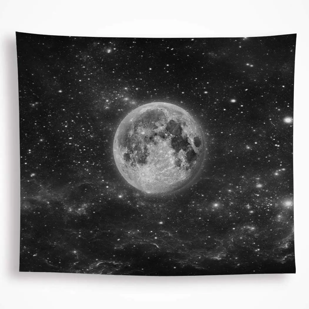 Moon Starry Night Tapestry for Bedroom Aesthetic Black and White Tapestry Wall Hanging Space Galaxy Stars Wall Covering Decor Black Light Tapestries for Living Room Dorm dark background home wall decor