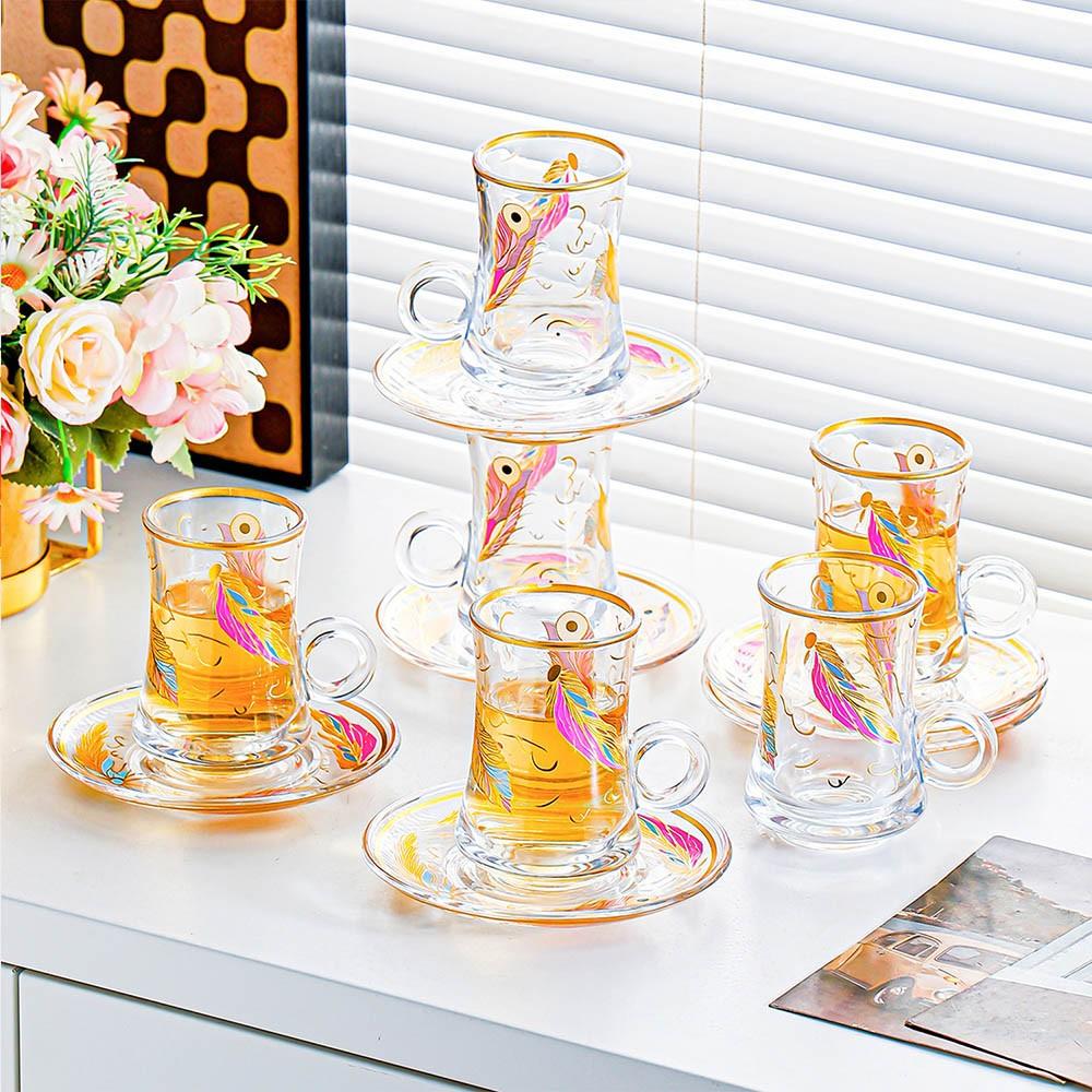 Vintage Turkish Tea Glasses Cups and Saucers Set of 6 Handle Drinkware Drink Bar Fancy Teapots Serving Glassware Drinking Kitchen Women Moroccan Persian Teacups Party Art Deco