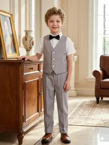 Toddler Boys Formal Gentleman 3PCS Waistcoat Suit Vest + Long Pants + Bow Tie Complete Outfit No Shirt Flower Boy Wedding Suit Birthday Party School Performance Formal Occasion Costume