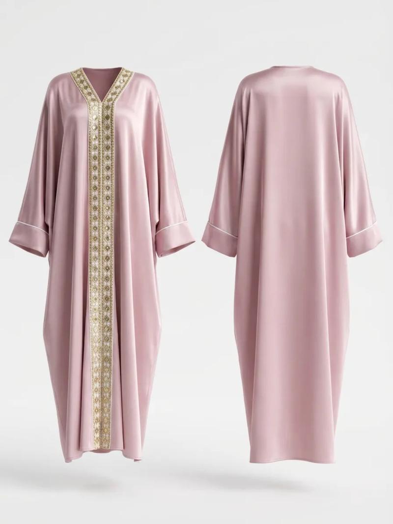 Women's Lace Embellishment V Neck Abaya, Modest Long Sleeve Maxi Dress for Party Wedding Guest, Ladies Islamic Clothing for All Seasons, Modest Muslim Outfits