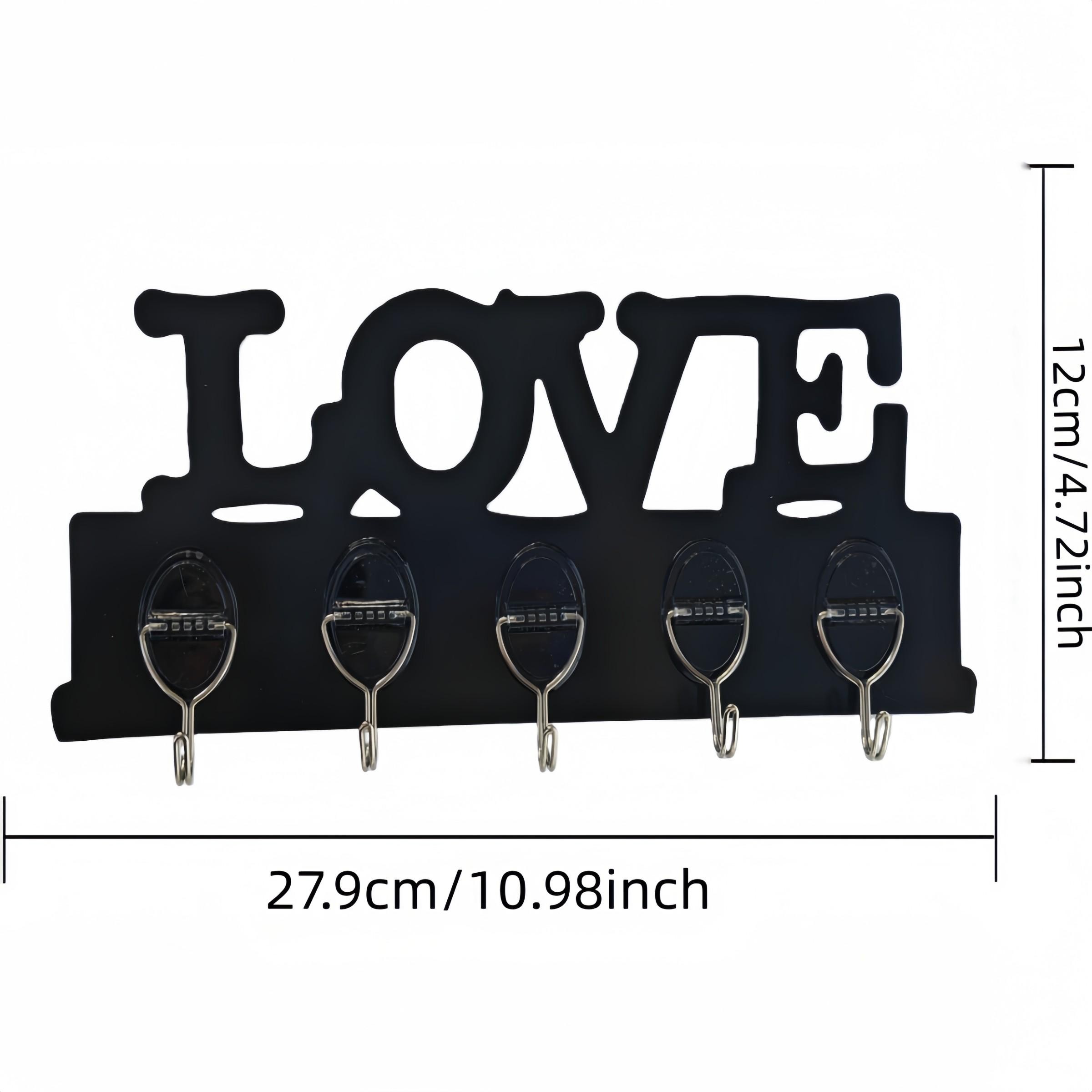 2-Pack Love Graphic Plastic Hook Rack, Wall-Mounted Key Hooks, 5 Strong Hooks, Easy Install with Adhesive Backing, Ideal for Entryway Organization