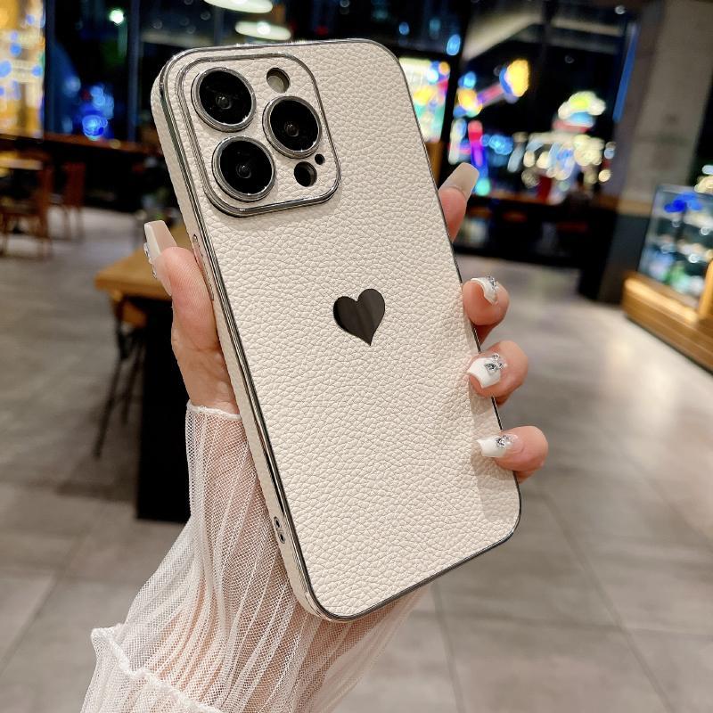 Luxury Solid Color Leather Plating Border Love Logo Phone Case For iPhone 16 Pro Max 14 11 12 13 15 Pro Max Bumper Back Cover