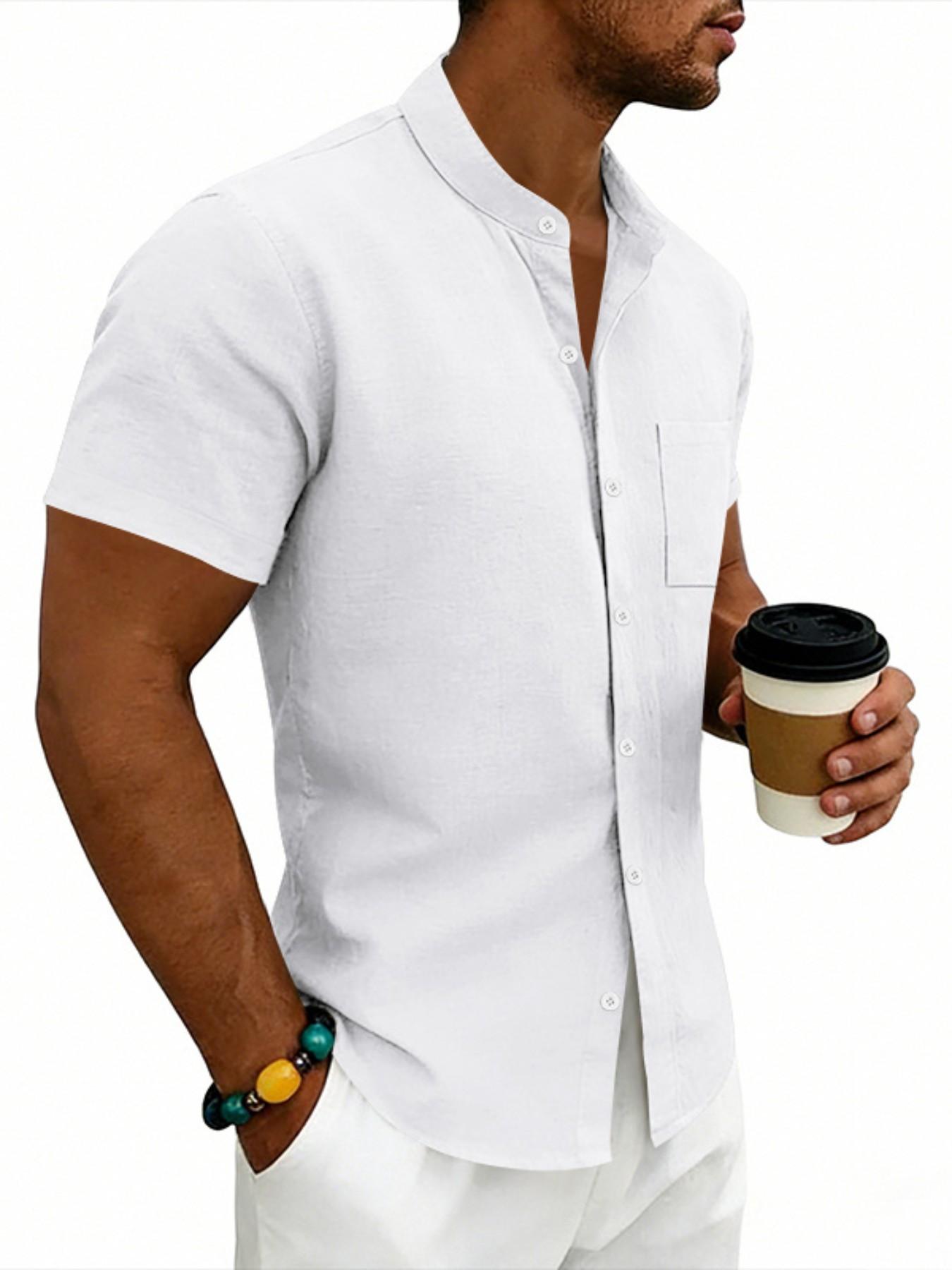 American Summer Linen Casual Men's Hawaiian Shirt, Simple Retro Stand Collar Short Sleeve, Comfortable and Stylish Summer Wear