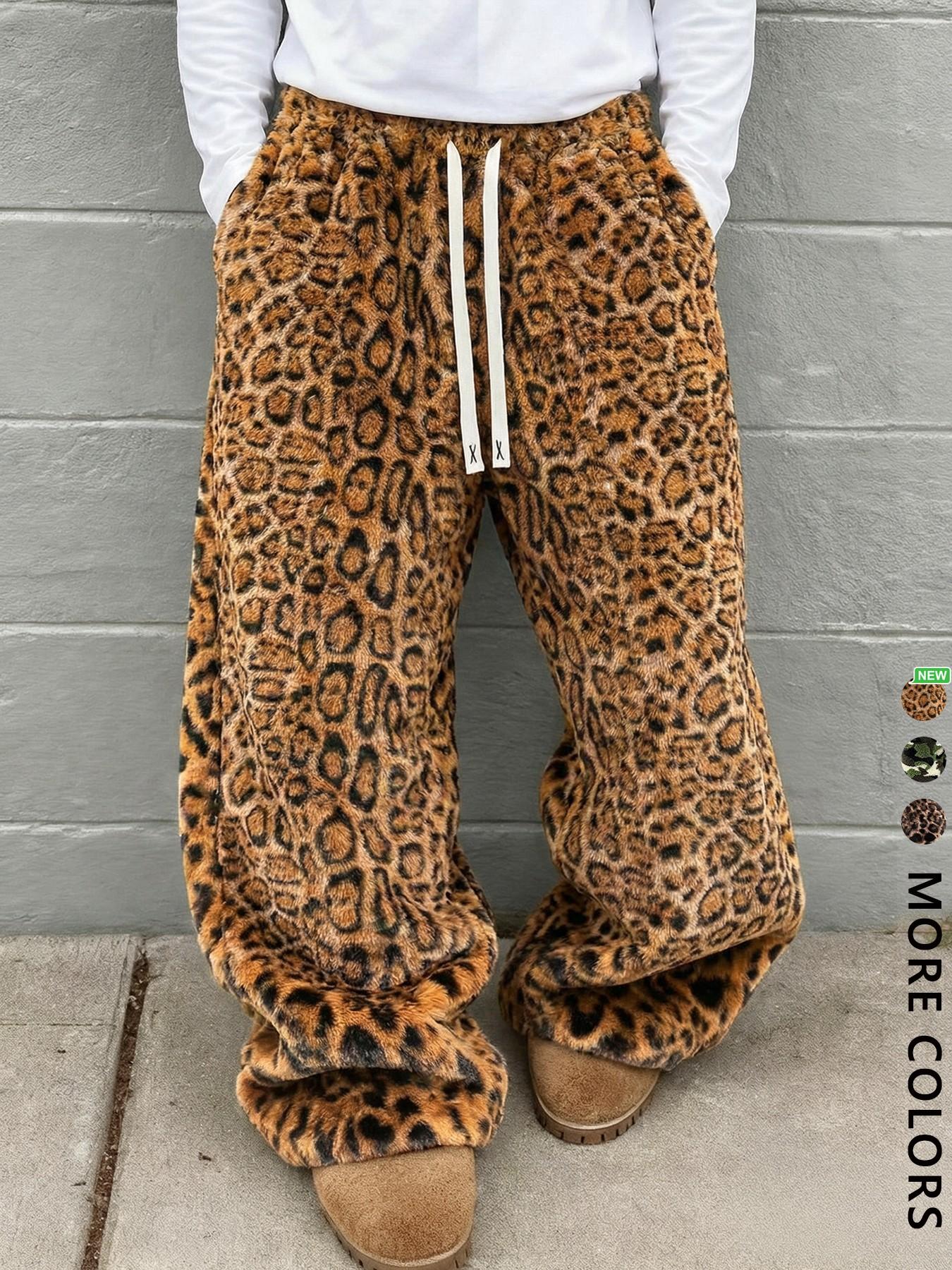 Unisex Leopard Print Fleece Pants, Soft Rabbit Fur Fabric, Fall Winter Warm Comfort, Street Hip Hop Style, Daily & Outdoor Wear, Streetwear