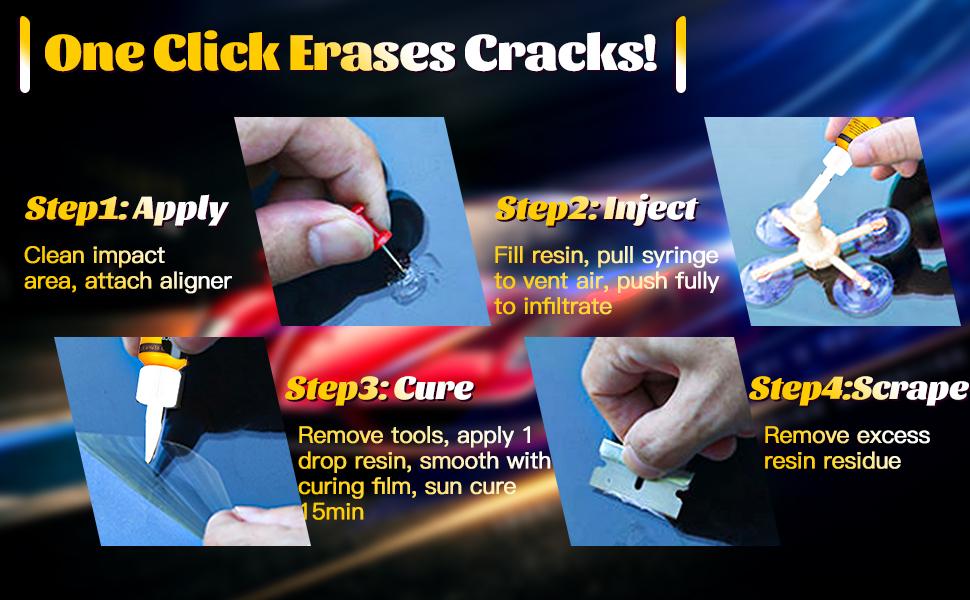 Windshield Crack Repair Kit, Windshield Repair Kit for Chips and Cracks, 4 Pcs Car Glass Repair Kit, Cracks Gone Glass Repair Kit Automotive Quick Fix for Chips, Cracks, Bullseyes (Yellow)