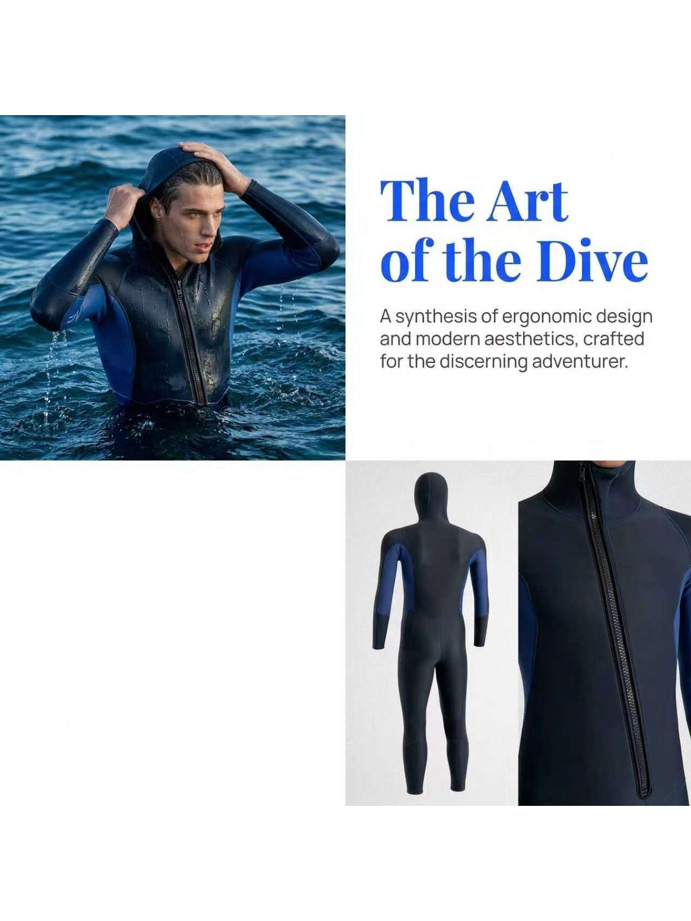 3mm Thickened Warm Wetsuit for Men, One-Piece Hooded Full Suit, Wear-Resistant Diving Suit for Surfing, Snorkeling, Freediving and Jellyfish Protection