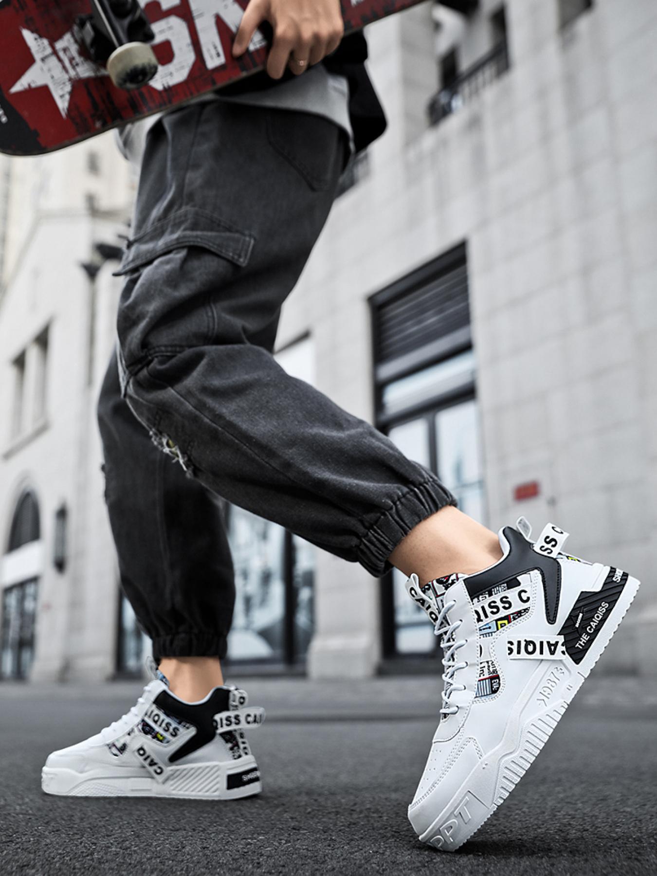Unisex White-Black Color-Block High-Top Trendy Sneakers, Leather Splicing, Height-Increasing & Anti-Slip, Shock Absorption & Rebound, Street Style Versatile Sports Shoes