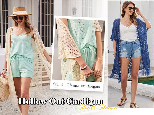 HOTOUCH Women’s Knit Cardigan Open Front Outwear Hollow Out Crochet Tassel Lightweight Casual Loose Fit Beach Cover Up Outdoorfun Summer Outfit Vacation