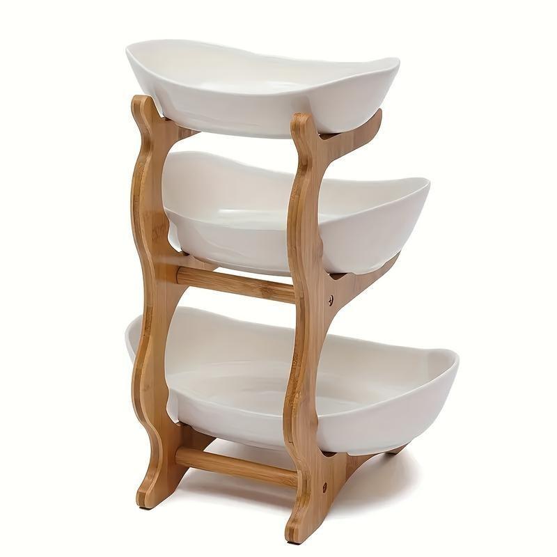 3-Tier Oval Fruit Basket with Bamboo Stand, Durable Polypropylene Kitchen Storage Rack, Natural Bamboo Finish, Modern Fruit Basket for Kitchen and Party