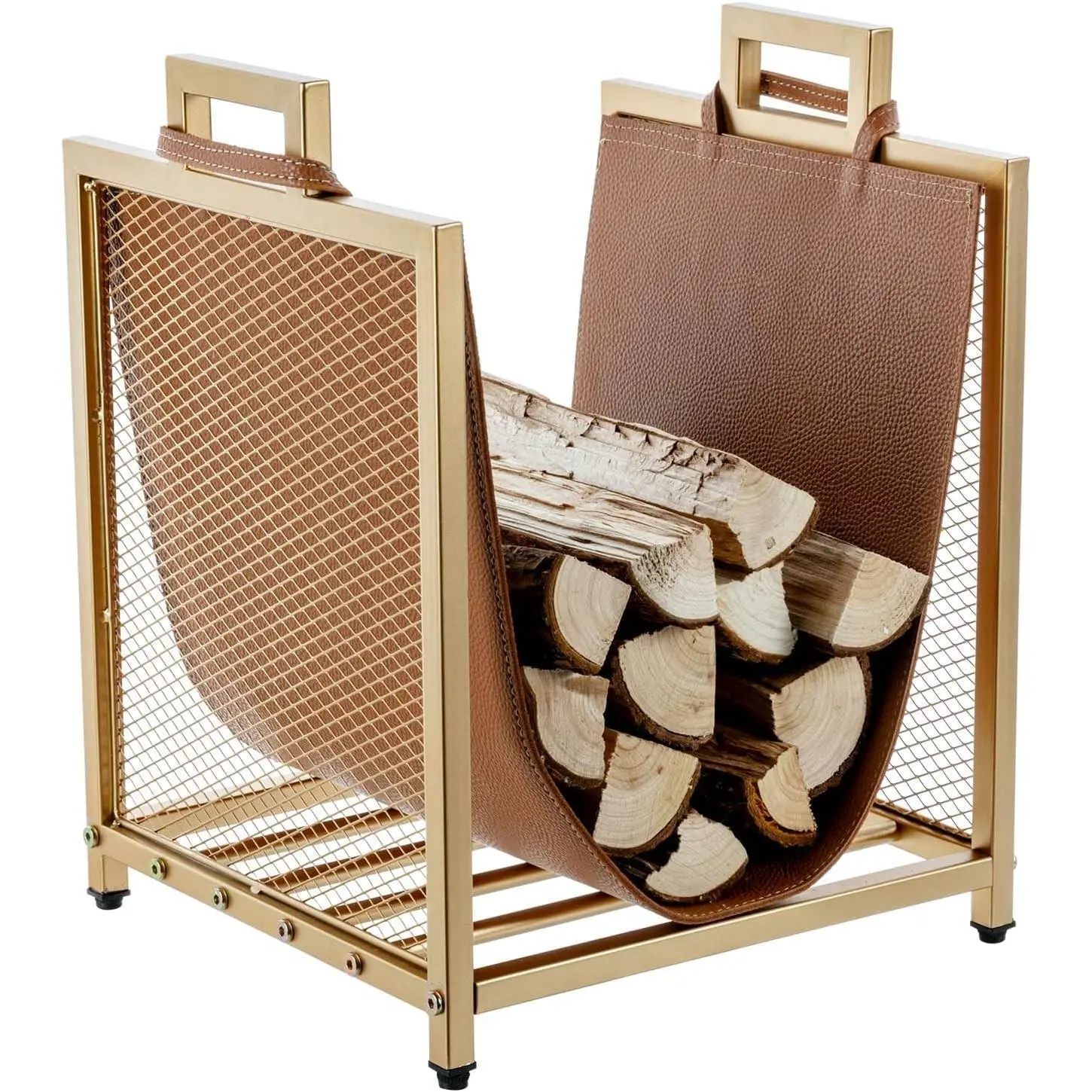 Modern Gold Tone Metal Firewood Stand with Brown Leatherette Wood Holder Sling, Wire Mesh Design and Top Carrying Handles, Compact Log Splits Kindling Storage Rack