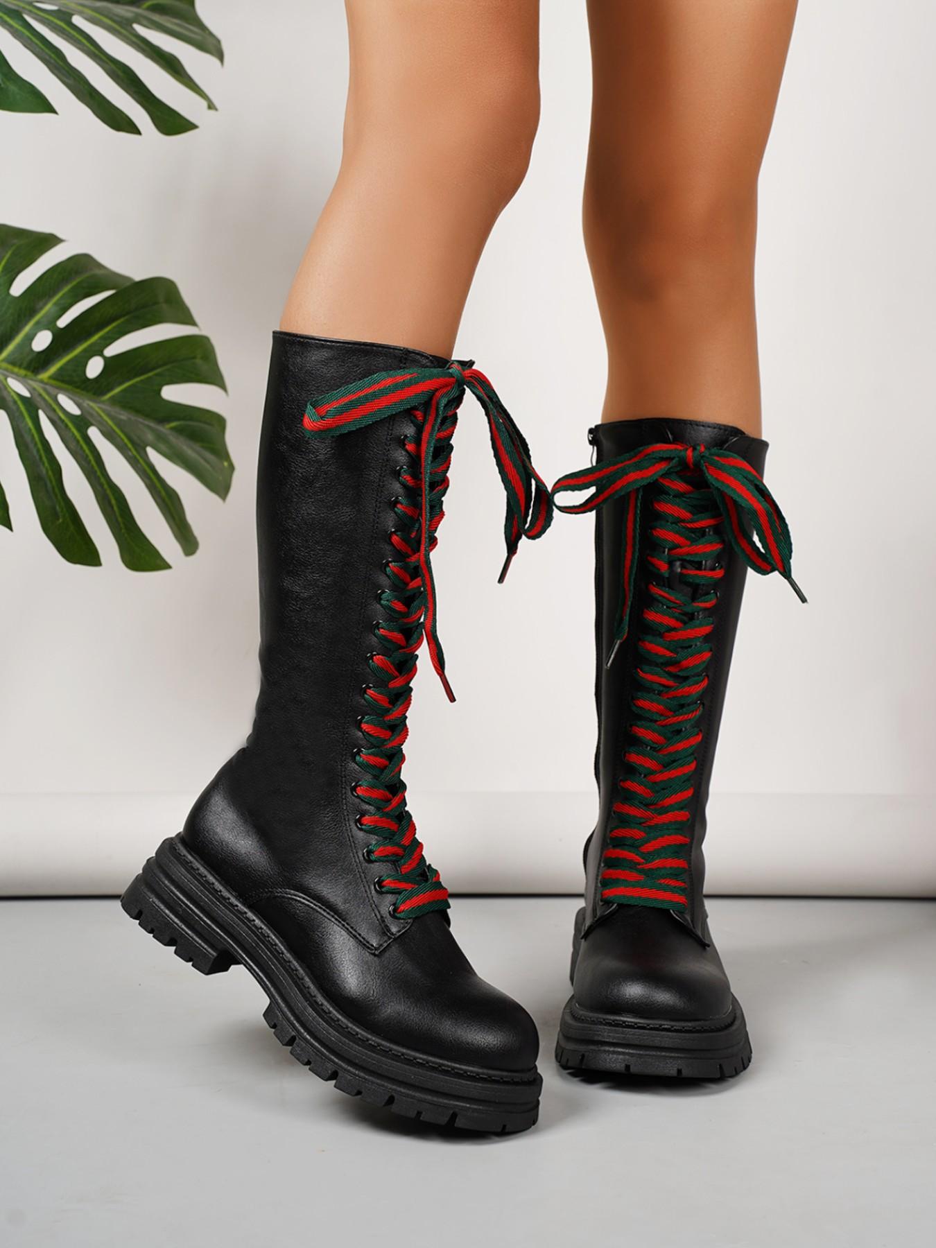 Women's Patchwork Strap Thick Sole High Top Boots, Sweet Cool Punk Style Knight Long Boots, Winter Fashion Footwear