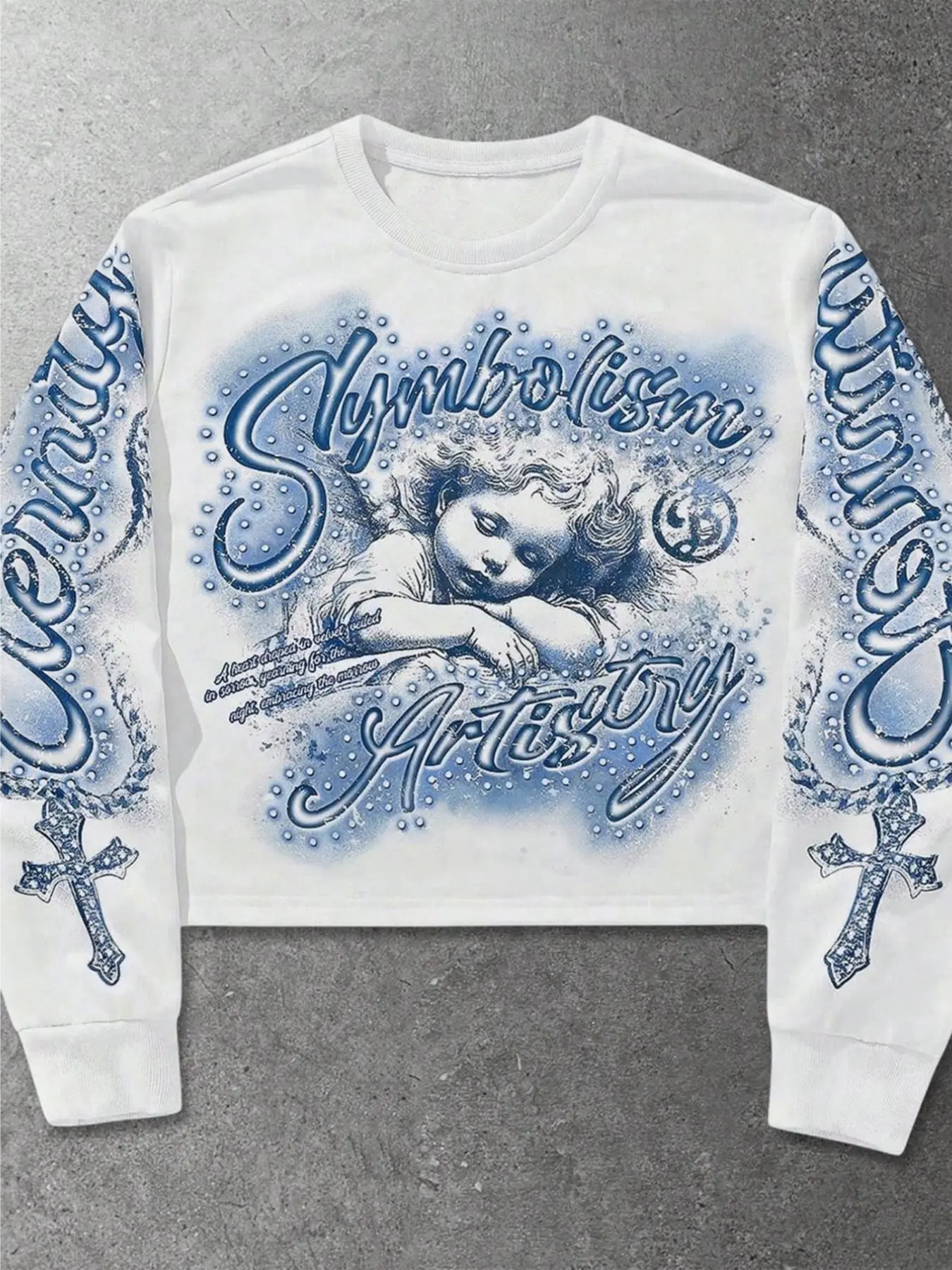 Men Y2K Boxy Cropped Long Sleeve T-Shirt Vintage Blue Cherub Angel Front Print Cross & Cursive Letter Full Sleeve Graphic Crew Neck Streetwear Crop Top, Lightweight Slight Stretch Cropped Longsleeve for Grunge Alt Urban Festival Daily Outfits