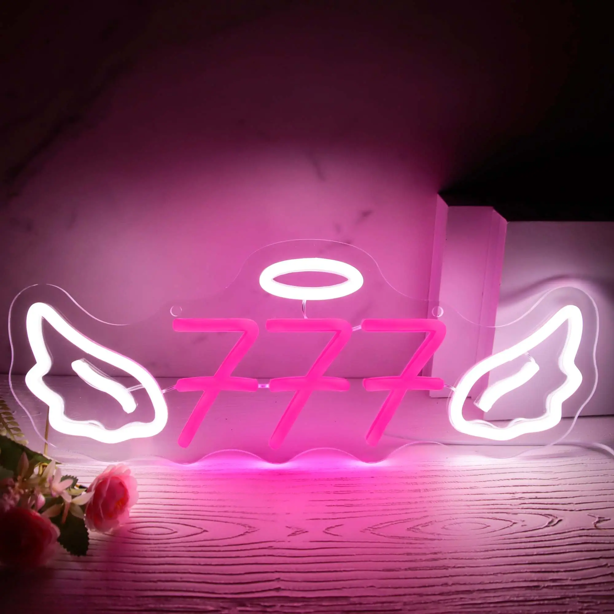 777 Neon Wall Sign – Decorative Dimmable "Lucky Angel Number" LED Neon Light (Pink) – Suitable for Bedrooms, Shops, Bars, Parties, Game Rooms, and Birthdays