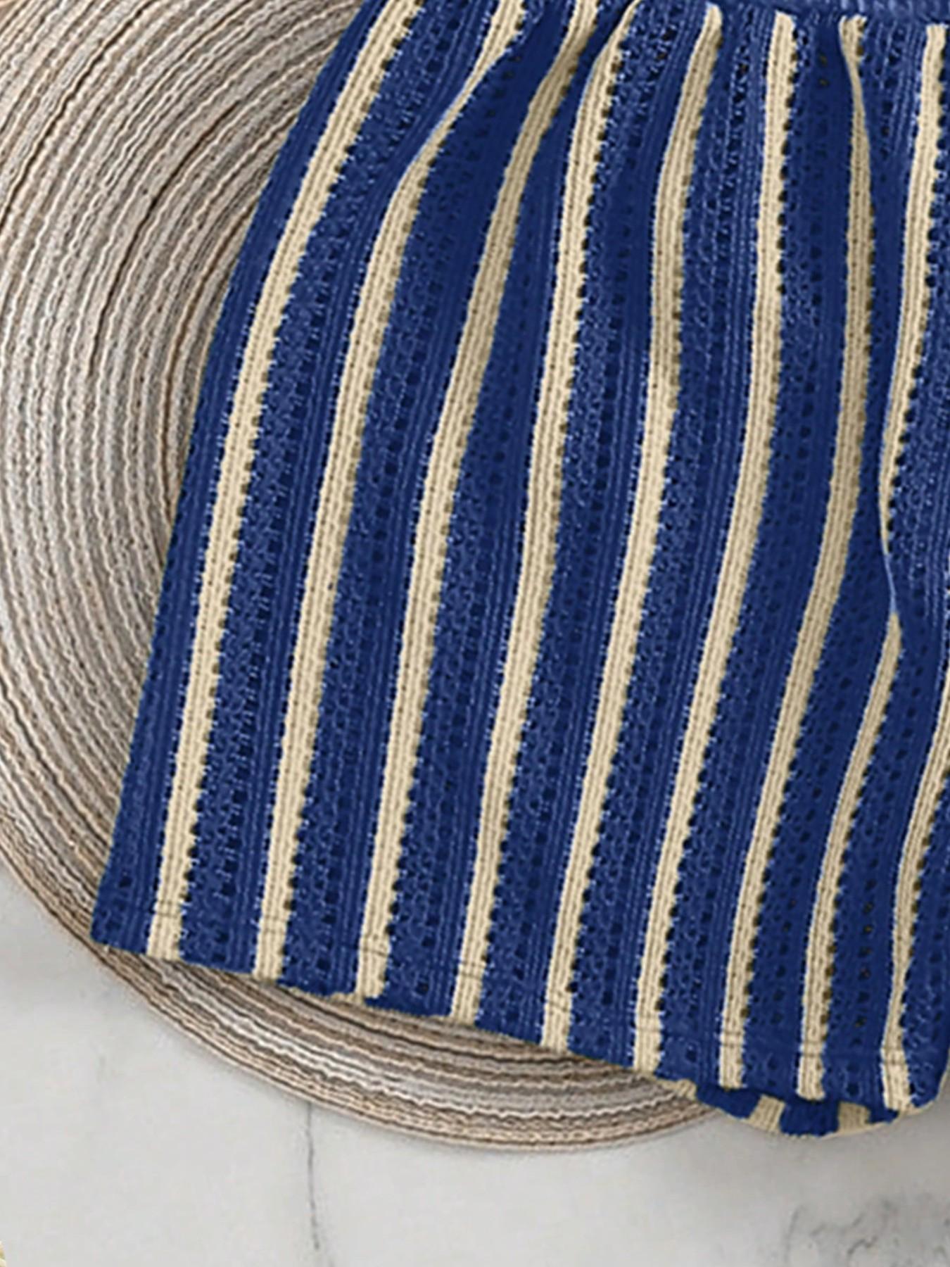 Women's Sweet Spicy Blue Striped Knit Three-Piece Swimsuit Set, High-Waisted Shorts, Sleeveless, Casual Beach Vacation, Halter Bikini Set