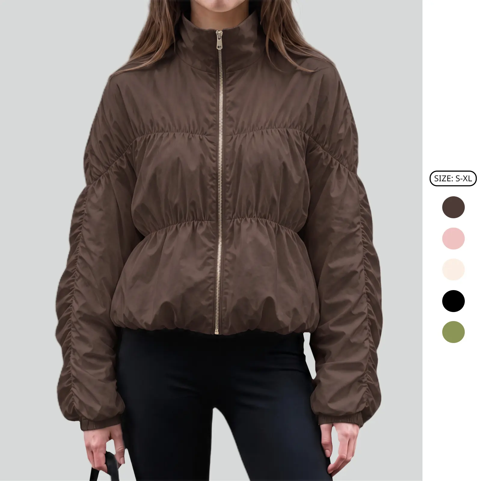 Imily Bela Women Spring Fall Ruched Lightweight Zip Up Jacket Mock Neck Long Sleeve Cropped Coat with Adjustable Waist Y2K Balletcore Streetwear Outerwear