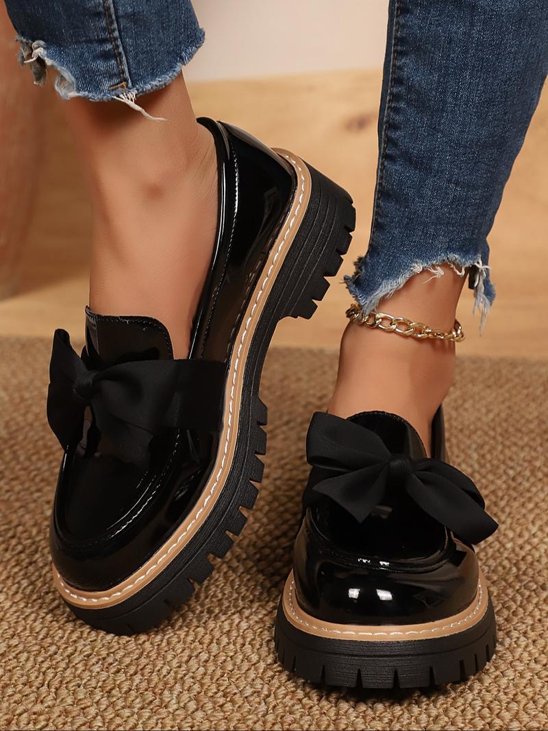 Affordable American Retro Style Women's Leather Shoes - Autumn New Thick-Soled Bowknot Design, Suitable for Matching Skirts, Mary Jane Loafers (Single-Sole)