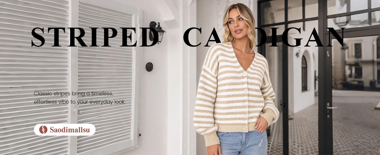 Saodimallsu Women's Oversized Striped Knit Cardigan, Fall Trendy V-Neck Long Sleeve Casual Sweater with Buttons, Soft Knit Fabric