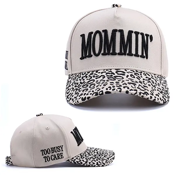 Vintage 2-Tone Trucker Hat - Adjustable Unisex Baseball Cap with Mommin Embroidery, Ponytail Fit for Outdoor Casual Wear Leopard