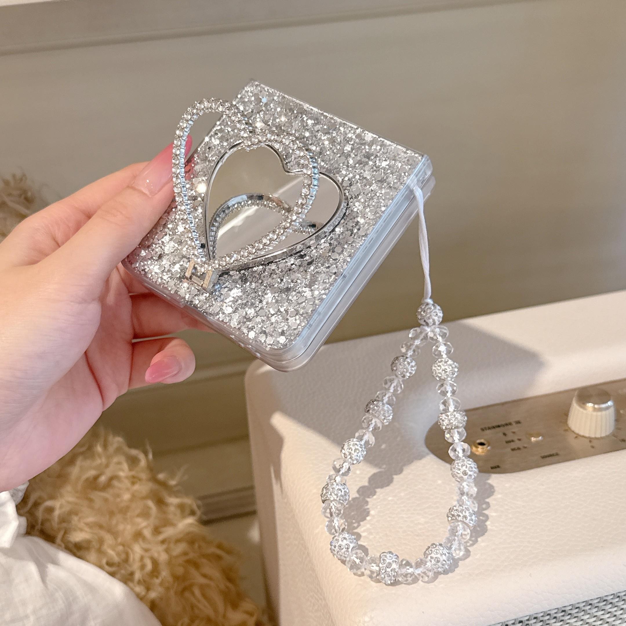 Glitter Heart Stand Foldable Phone Case With Chain For Samsung Galaxy Z Flip3/Z Flip4/Z Flip5/Z Flip6/Z Flip7, Shockproof Cover