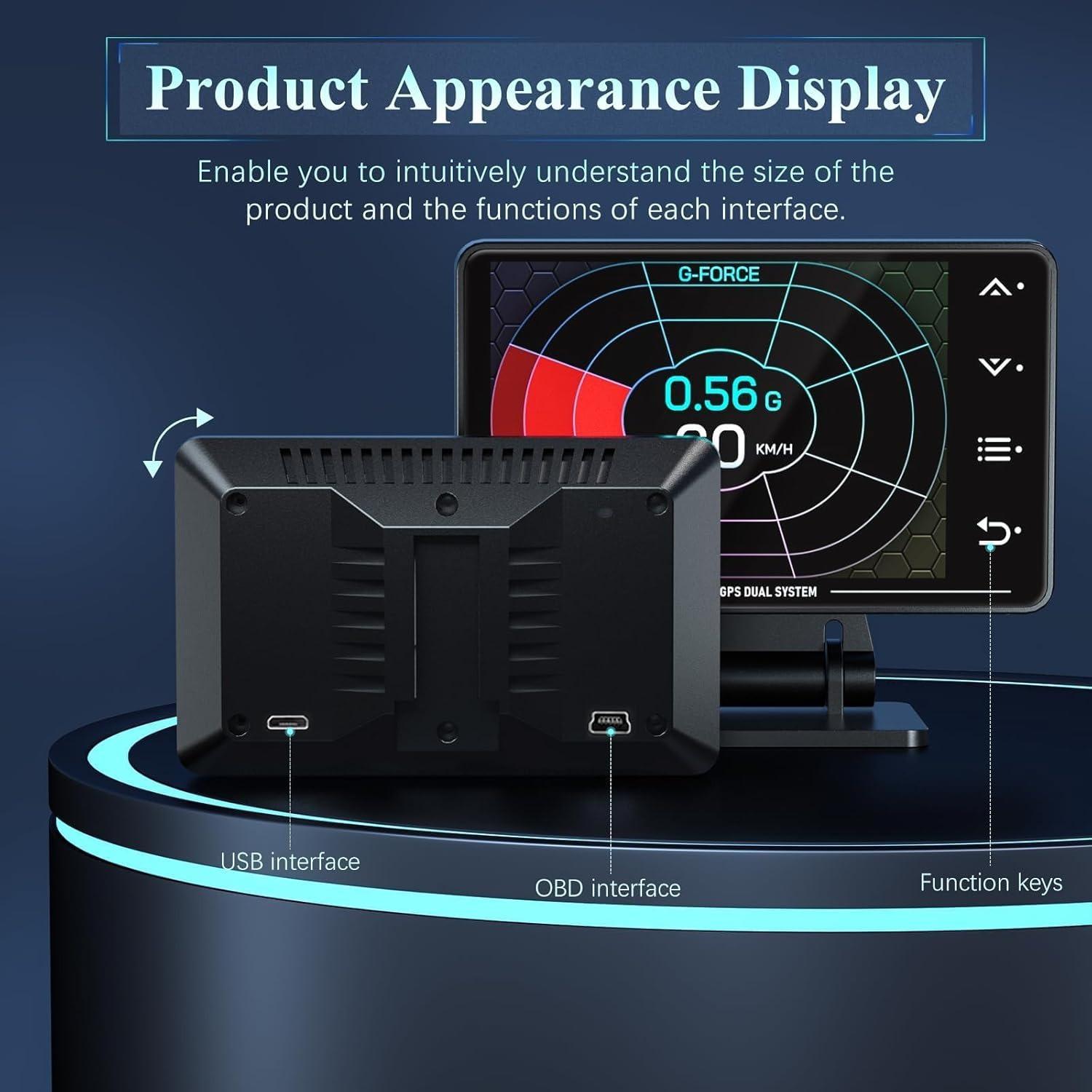 XS LCD Head-Up Display, GPS + Obd2 Scanner Car Diagnostic Tool, Multi-Function Hud Monitor, Angle Gauge, Pulse Meter, Speedometer