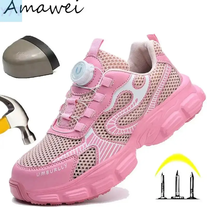 YYT1 Lightweight Work Safety Shoes Women Rotary Button Breathable Protective Work Sneaker Steel Toe Shoes Indestructible Safety Boots,shoes for back to school,back to school shoes