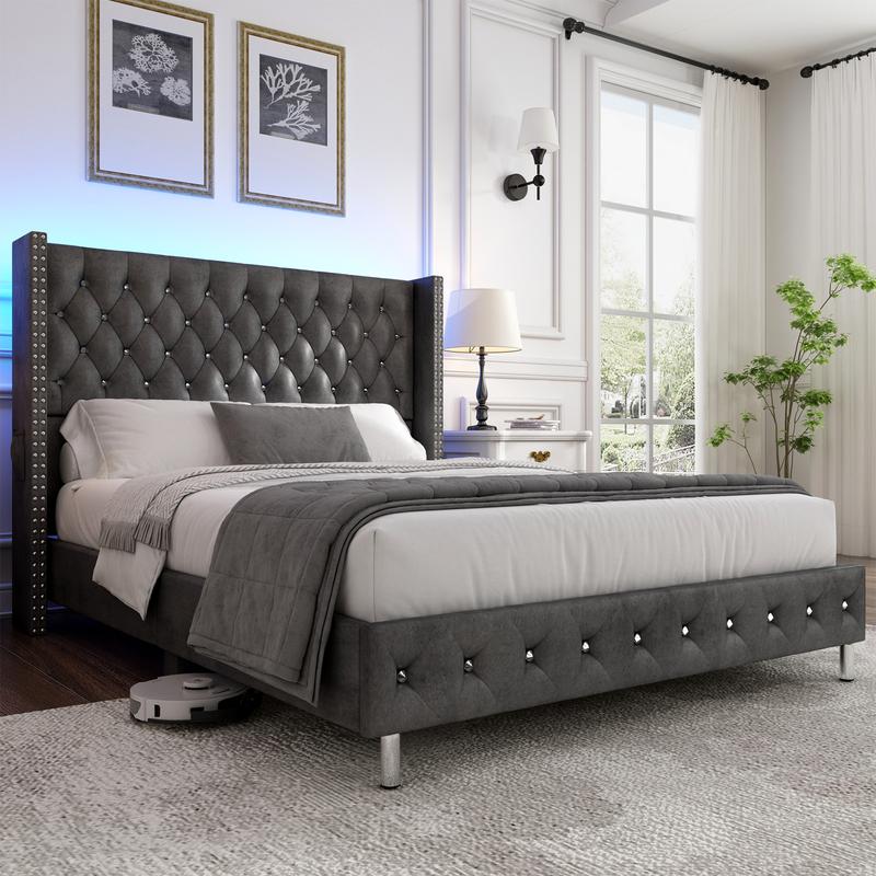 Queen LED Upholstered Bed Frame with Wingback Headboard, Velvet Diamond Button Tufted Bed Frame with USB & Type-C Ports, Wood Slats Support, No Box Spring Needed, Cream White/Dark Gray Queen LED Upholstered Bed Frame with Wingback Headboard, Velvet Diamond Button Tufted Bed Frame with USB & Type-C Ports, Wood Slats Support, No Box Spring Needed, Cream White/Dark Gray