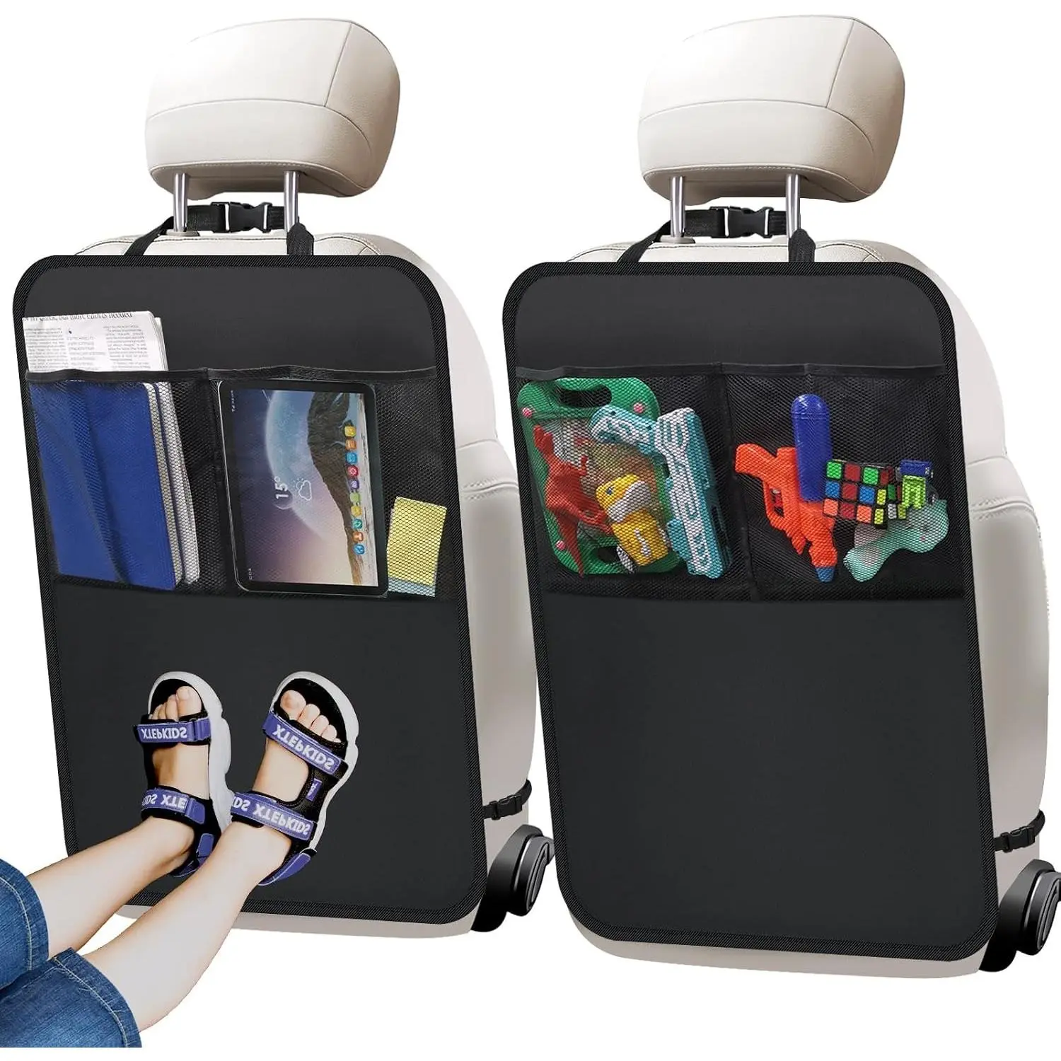 2 Pack Backseat Kick Mat Protector for Kids, Car Seat Back Cover with 2 Storage Pockets, Seat Back Organizer for Car, SUV, Minivan, Truck - Black(Gift)